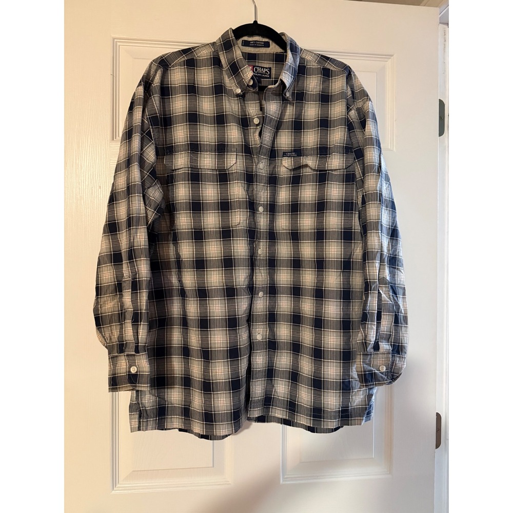 Chaps Ralph Lauren Mens Large Blue Plaid Long Sleeve Button Down Cotton Shirt